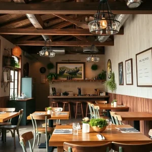 Interior view of MI Table restaurant with rustic decor and local produce