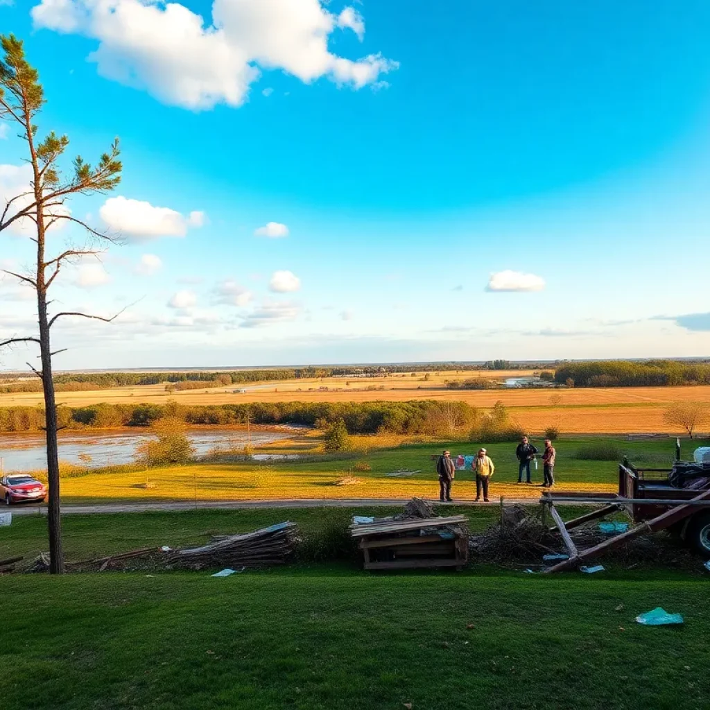 Michigan landscape with emergency responders amid disaster damage