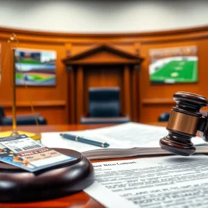 Courtroom scene representing ticket resale lawsuit in Michigan football