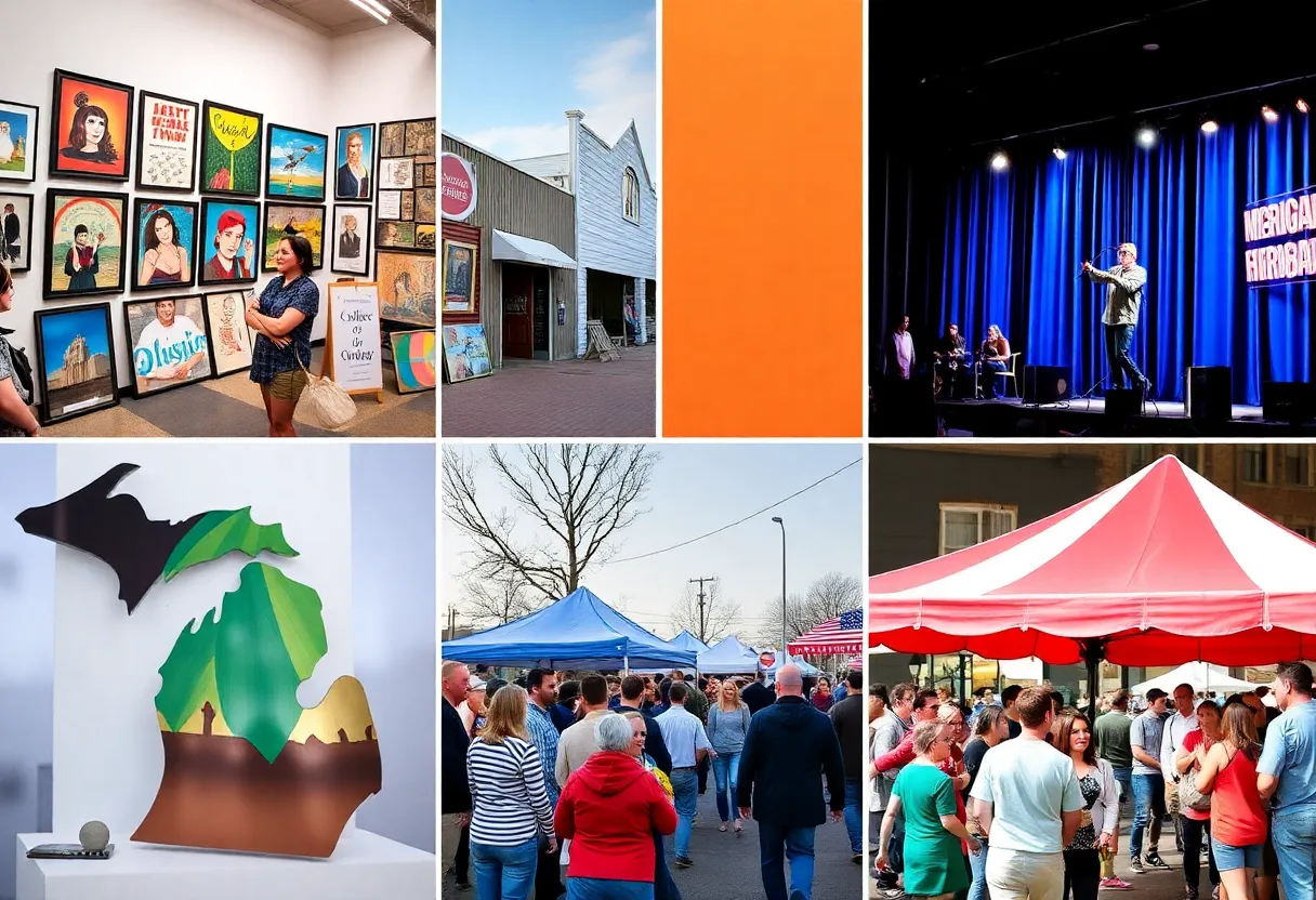 A collage of events including art shows and comedy in Michigan during March.