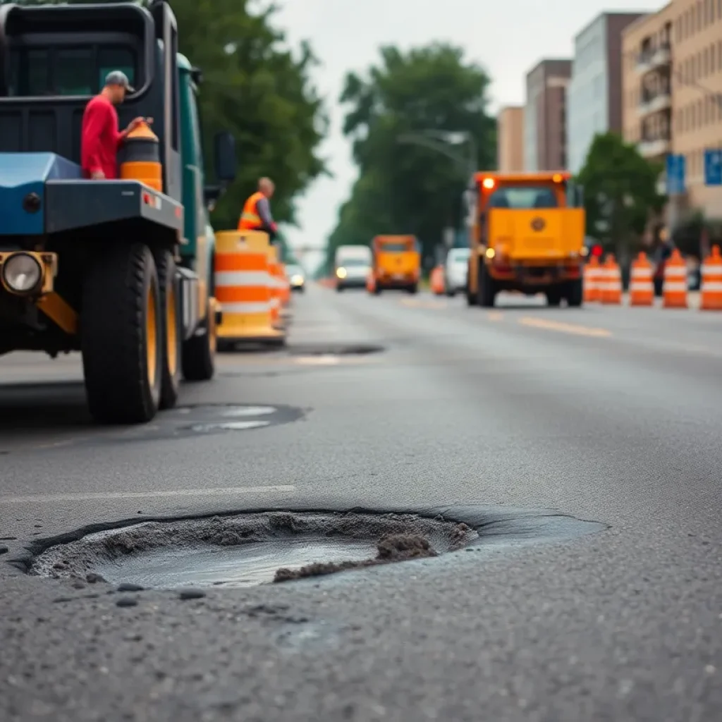 Roadwork in Michigan city with potholes