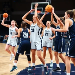 Diverse group of female basketball players during a game, displaying teamwork and skill.