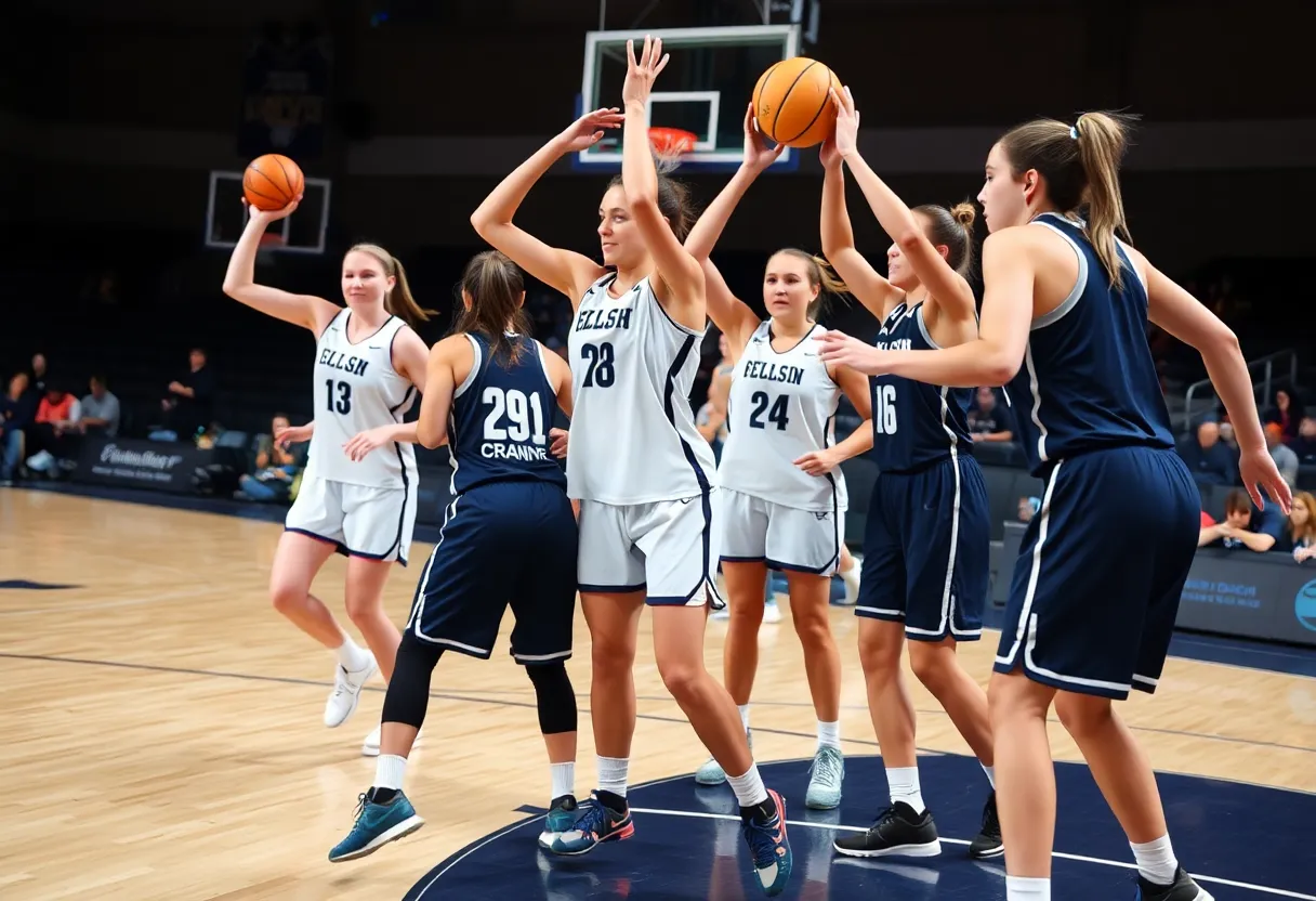 Diverse group of female basketball players during a game, displaying teamwork and skill.