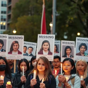 Community members holding posters of missing persons at a rally