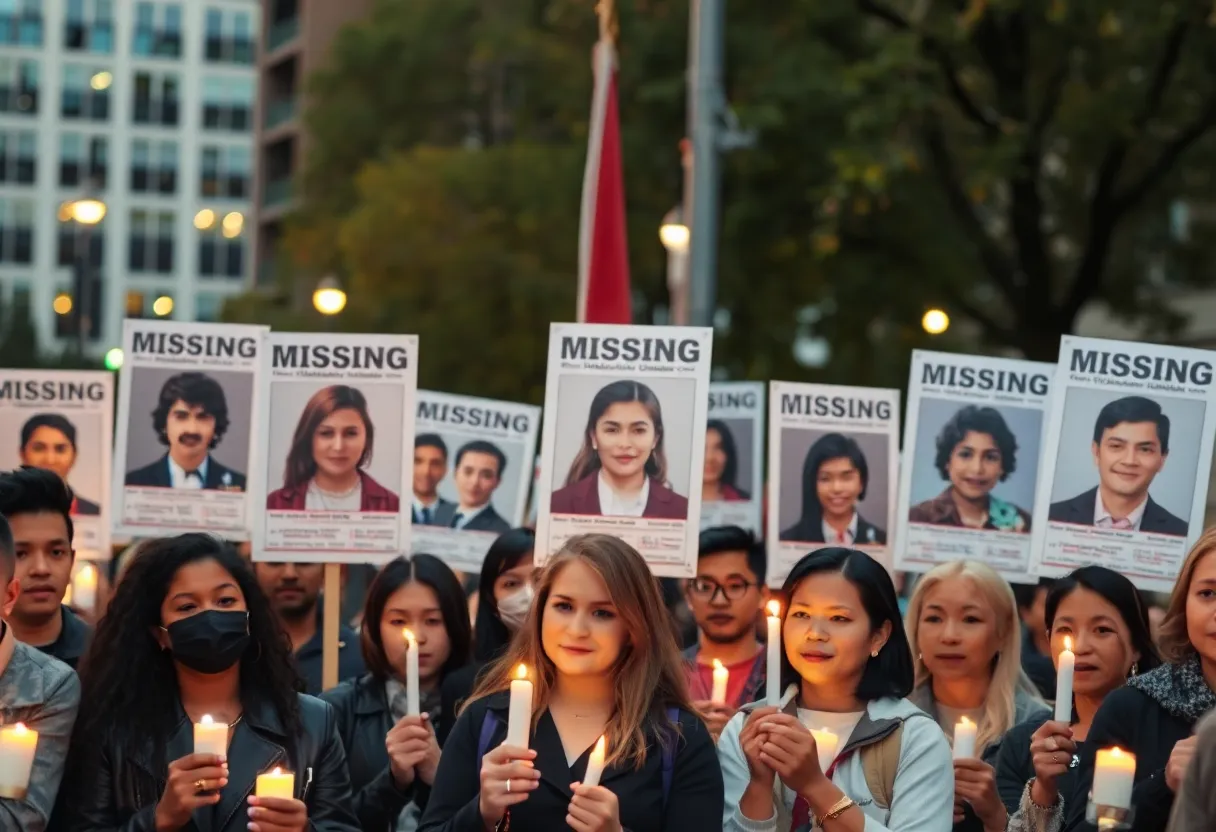 Community members holding posters of missing persons at a rally