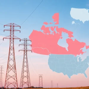 A graphic illustrating Ontario's electricity export surcharge with maps and symbols of energy trade.