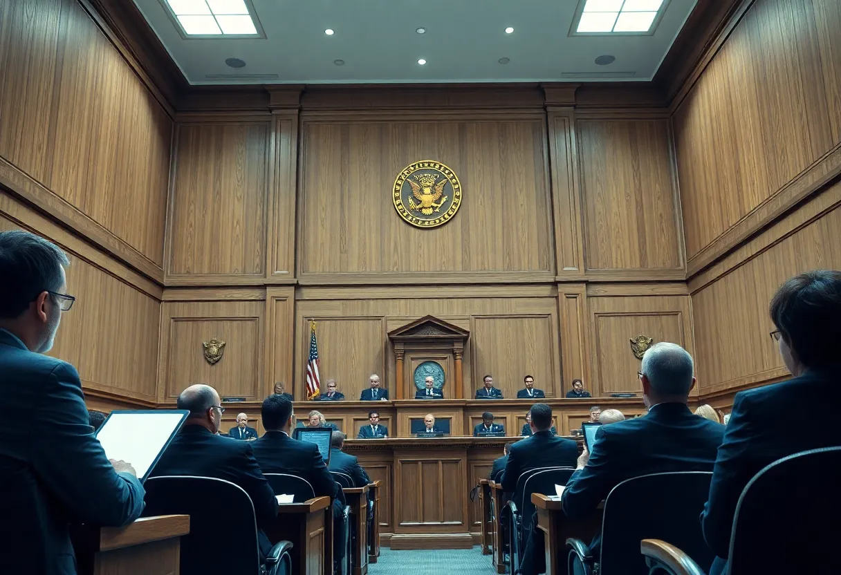 Courtroom scene depicting OpenAI and Elon Musk legal battle