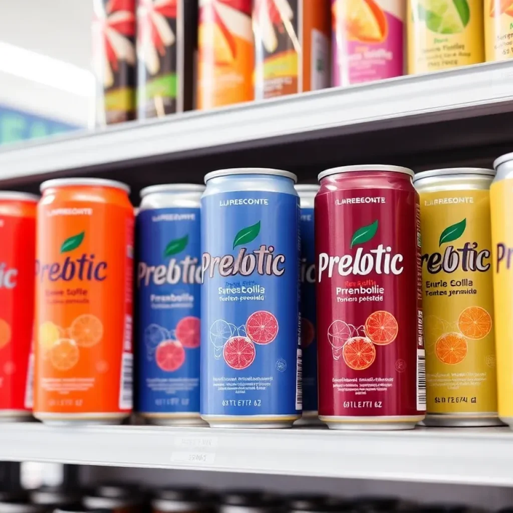 Colorful cans of Poppi prebiotic soda displayed on a shelf.