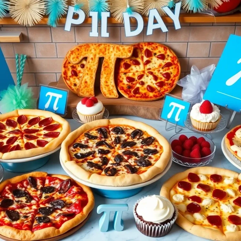 An assortment of pizzas and desserts for Pi Day