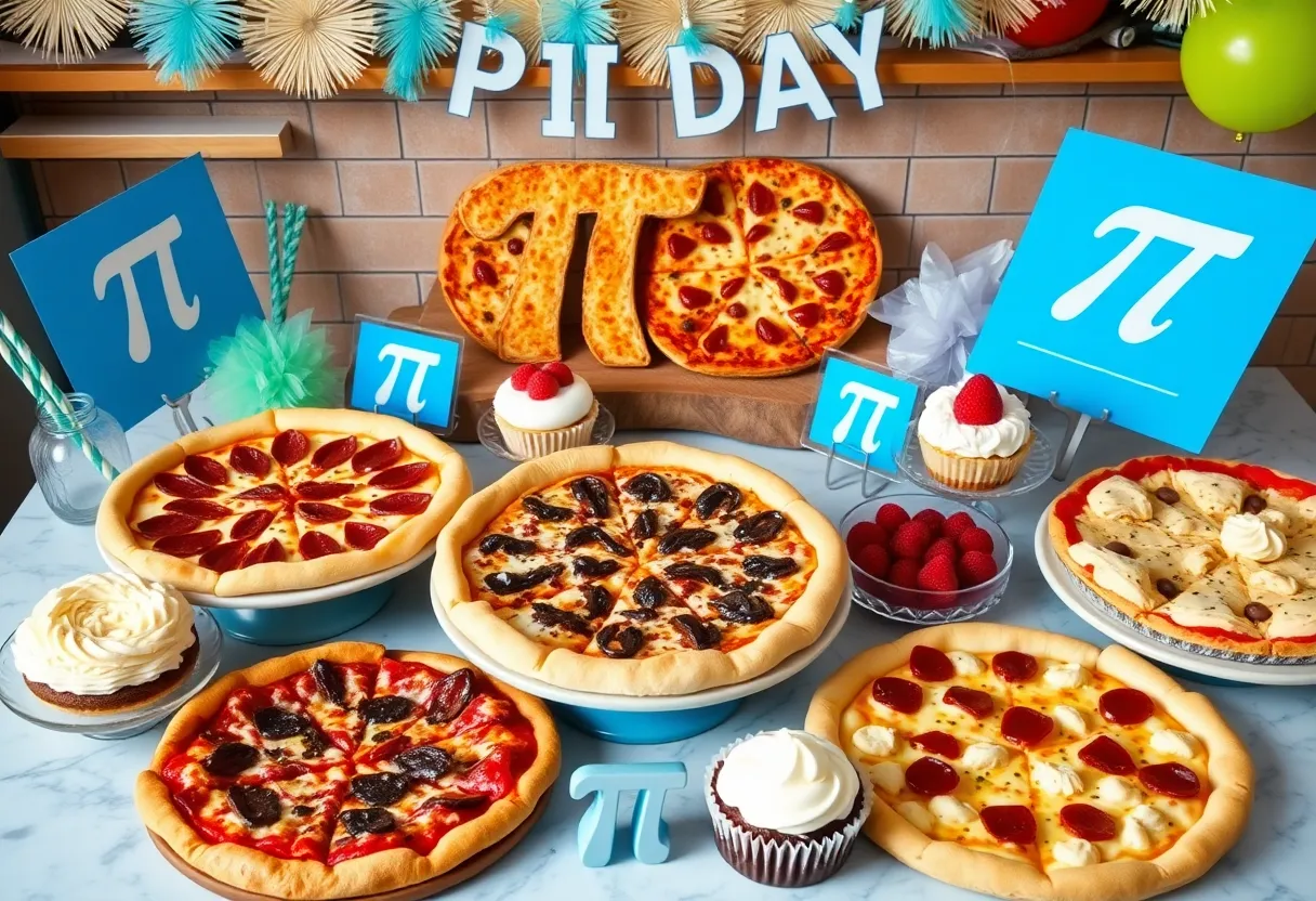 An assortment of pizzas and desserts for Pi Day