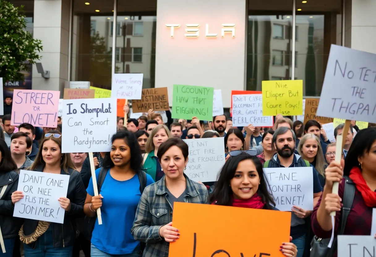 Demonstrators protesting outside a Tesla showroom in Manhattan.