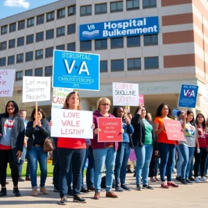 Protesters outside the John D. Dingell VA Medical Center holding signs