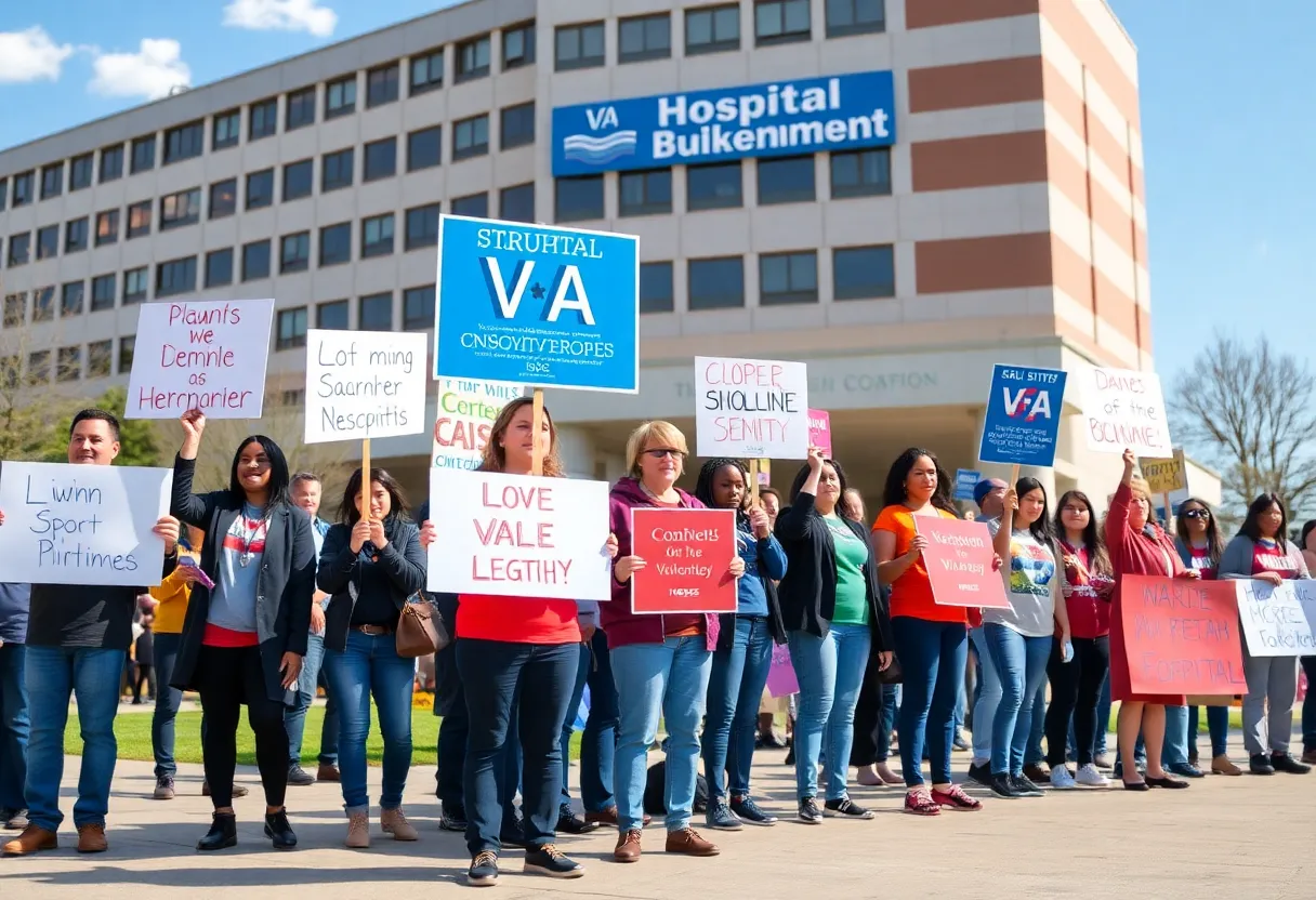 Protesters outside the John D. Dingell VA Medical Center holding signs