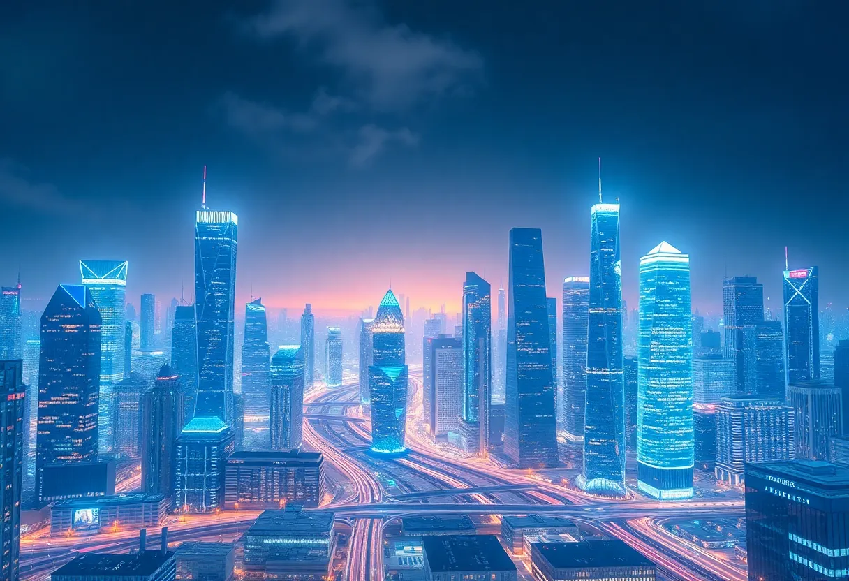 Illustration of a futuristic city emphasizing AI advancements and digital transformation.