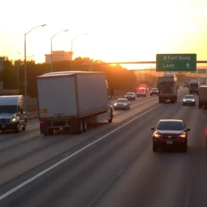 A jackknifed semi-truck blocking the freeway in Detroit during the early morning.