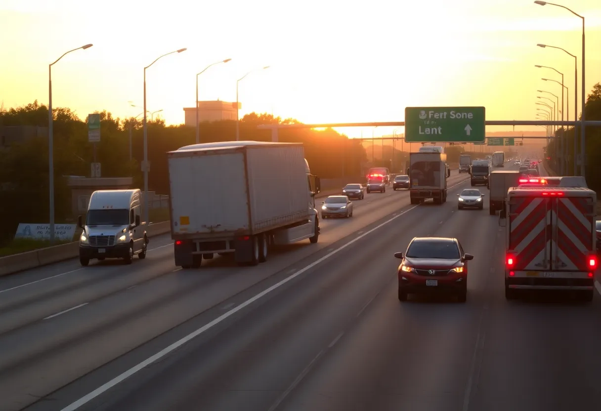 A jackknifed semi-truck blocking the freeway in Detroit during the early morning.