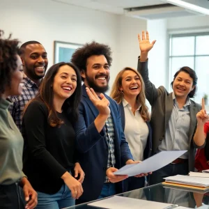 Group of small business owners in an office celebrating