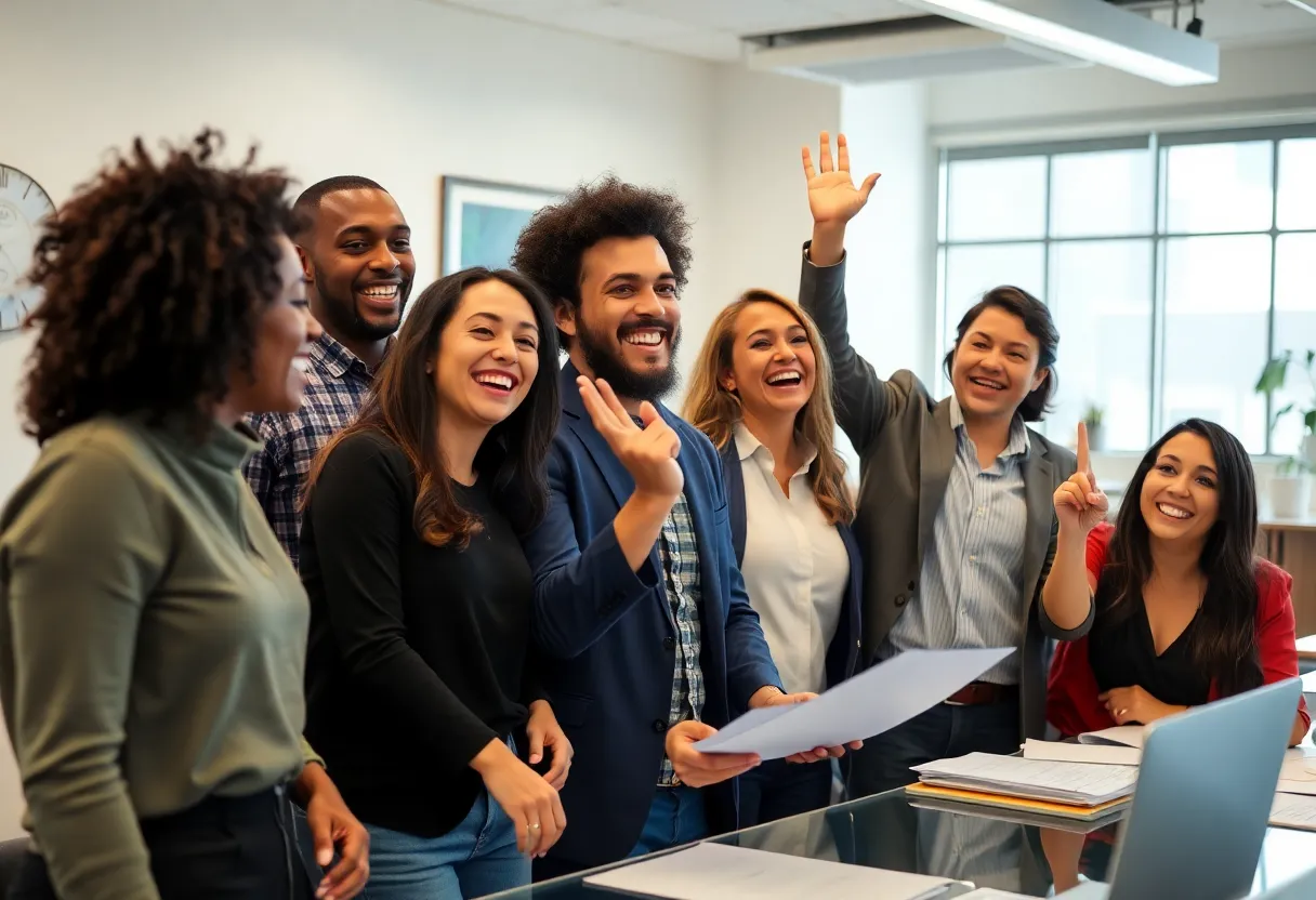 Group of small business owners in an office celebrating