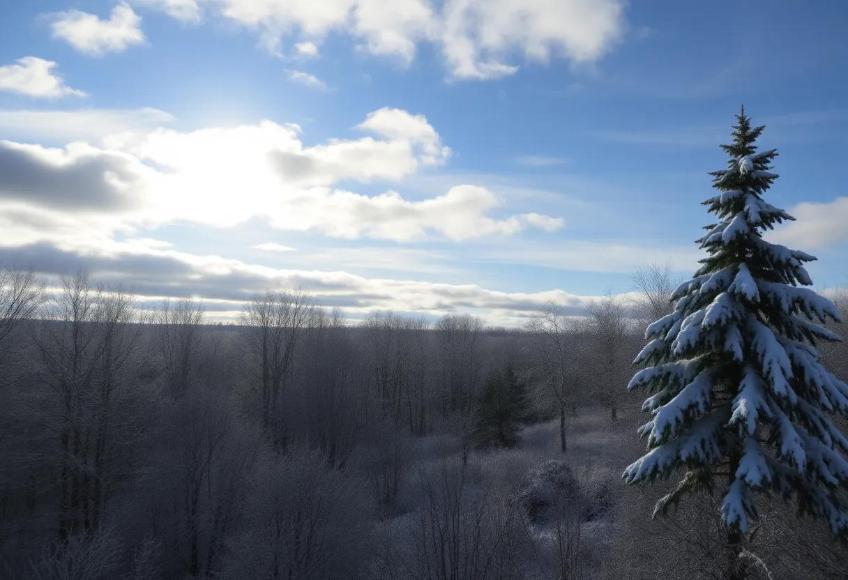 Chilly winter landscape of Southeast Michigan with snow-covered trees.