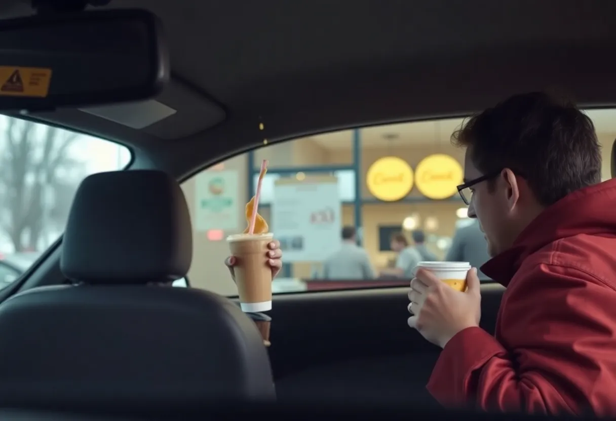 Drive-through coffee shop scene illustrating a spill from a hot drink and safety measures