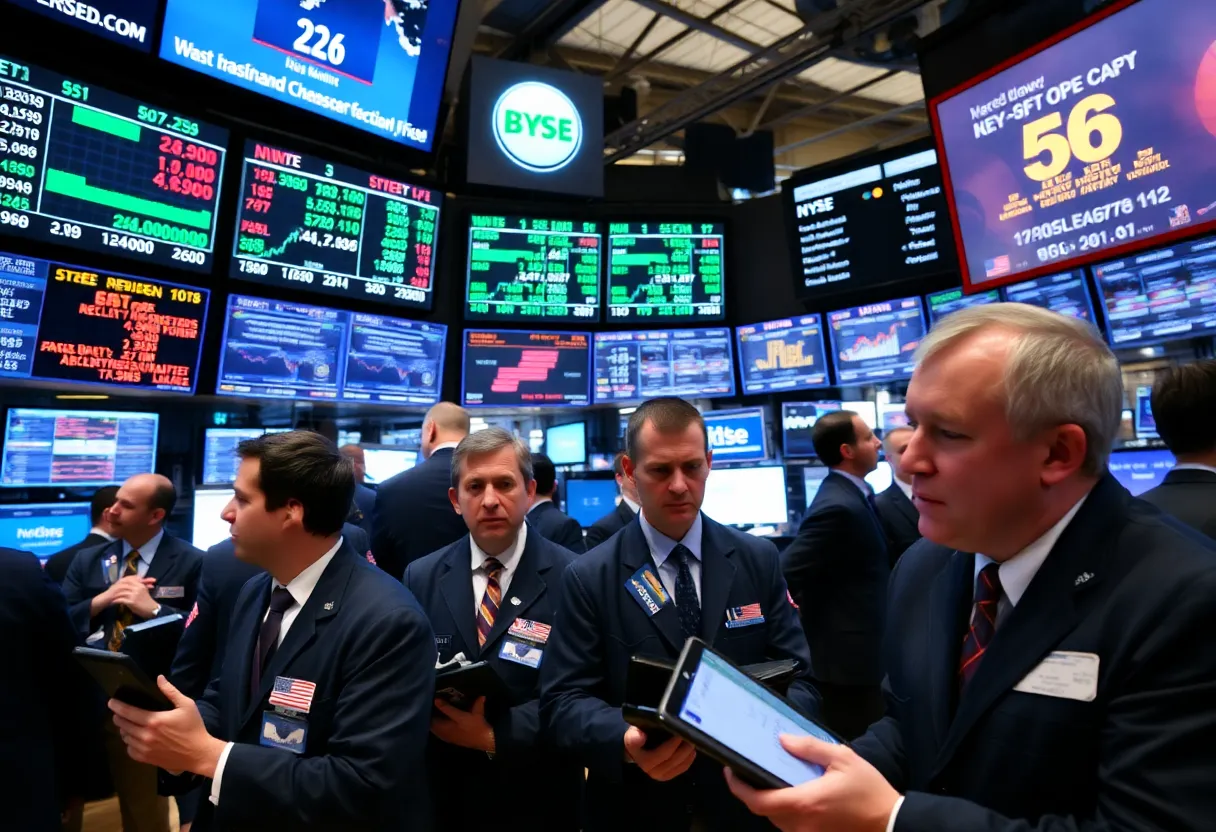 Traders reacting to news about new tariffs on a stock market trading floor.