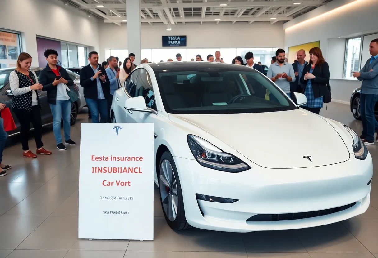 Tesla Model 3 in a showroom promoting insurance subsidy