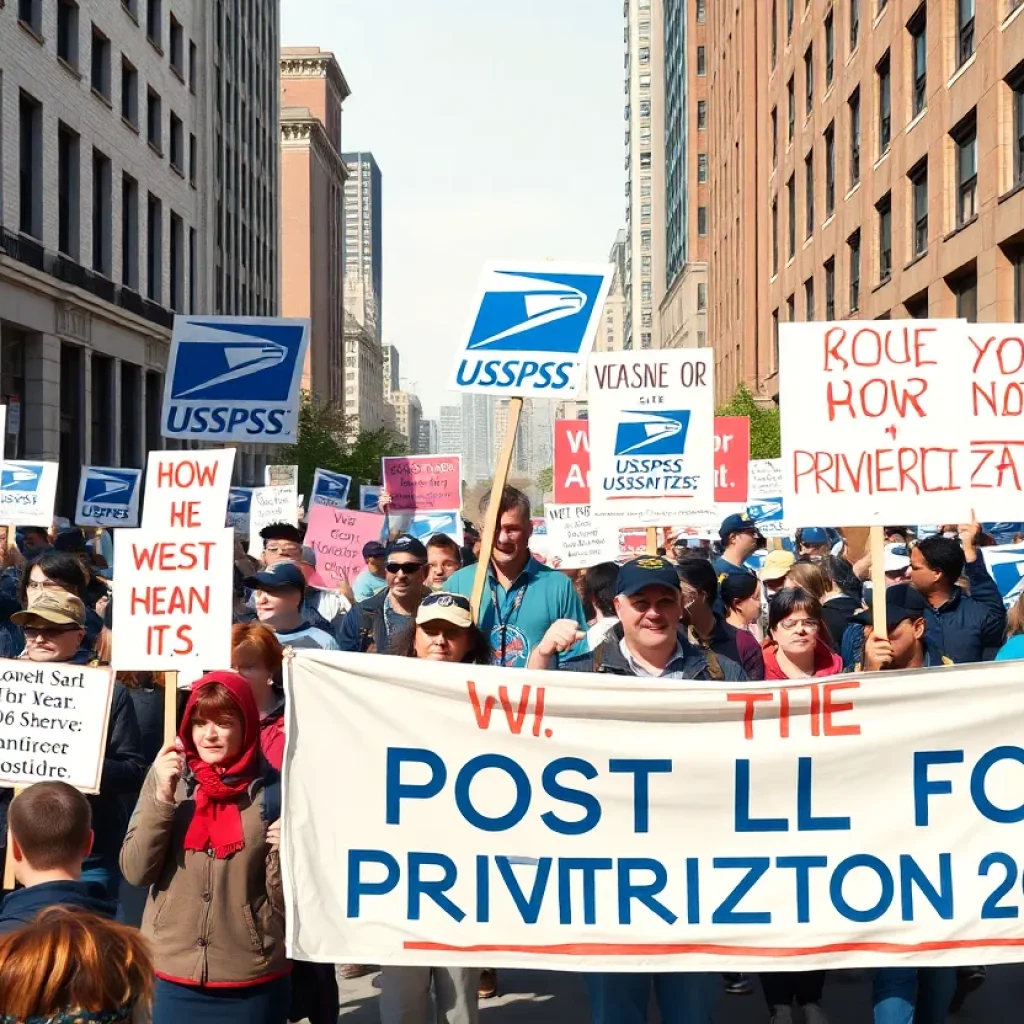 Protestors rally against USPS privatization with printed signs.