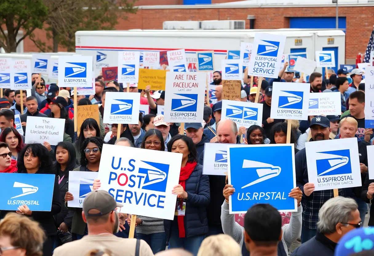 Protesters supporting the United States Postal Service holding signs