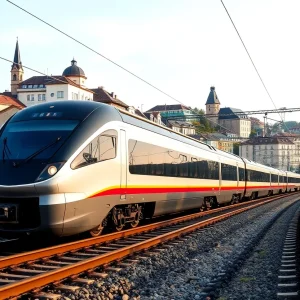 Virgin train in a European cityscape