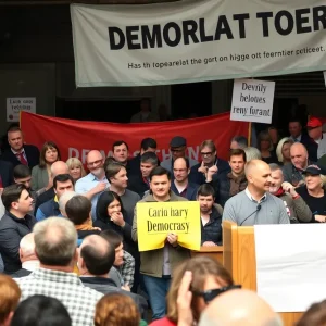 People gathered at a rally supporting democratic values.